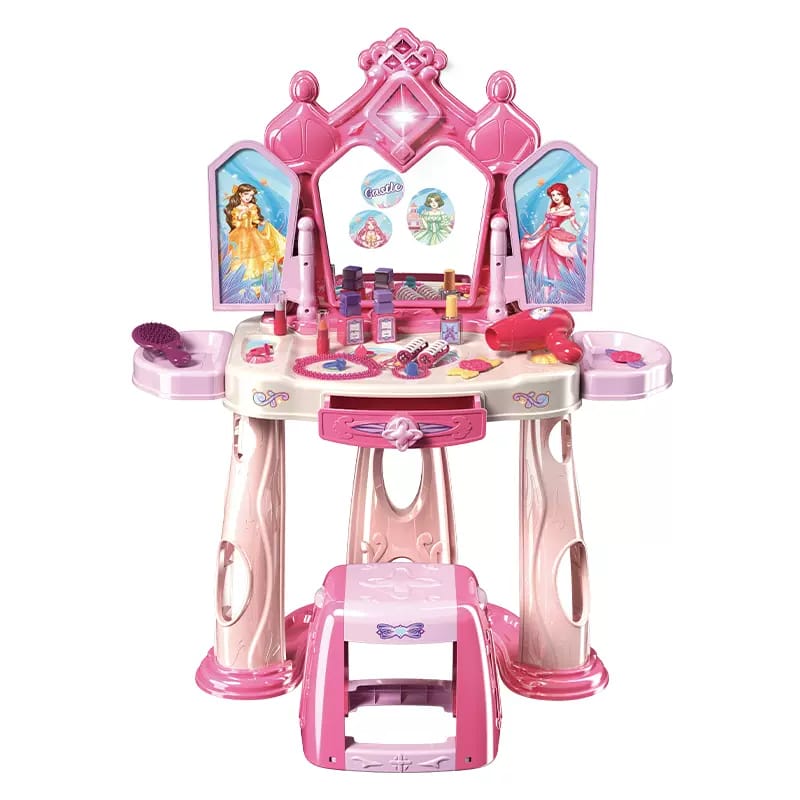 Ensemble de jeu de maquillage pour filles avec tabouret, avec lumières et musique, accessoires de maquillage et sèche-cheveux