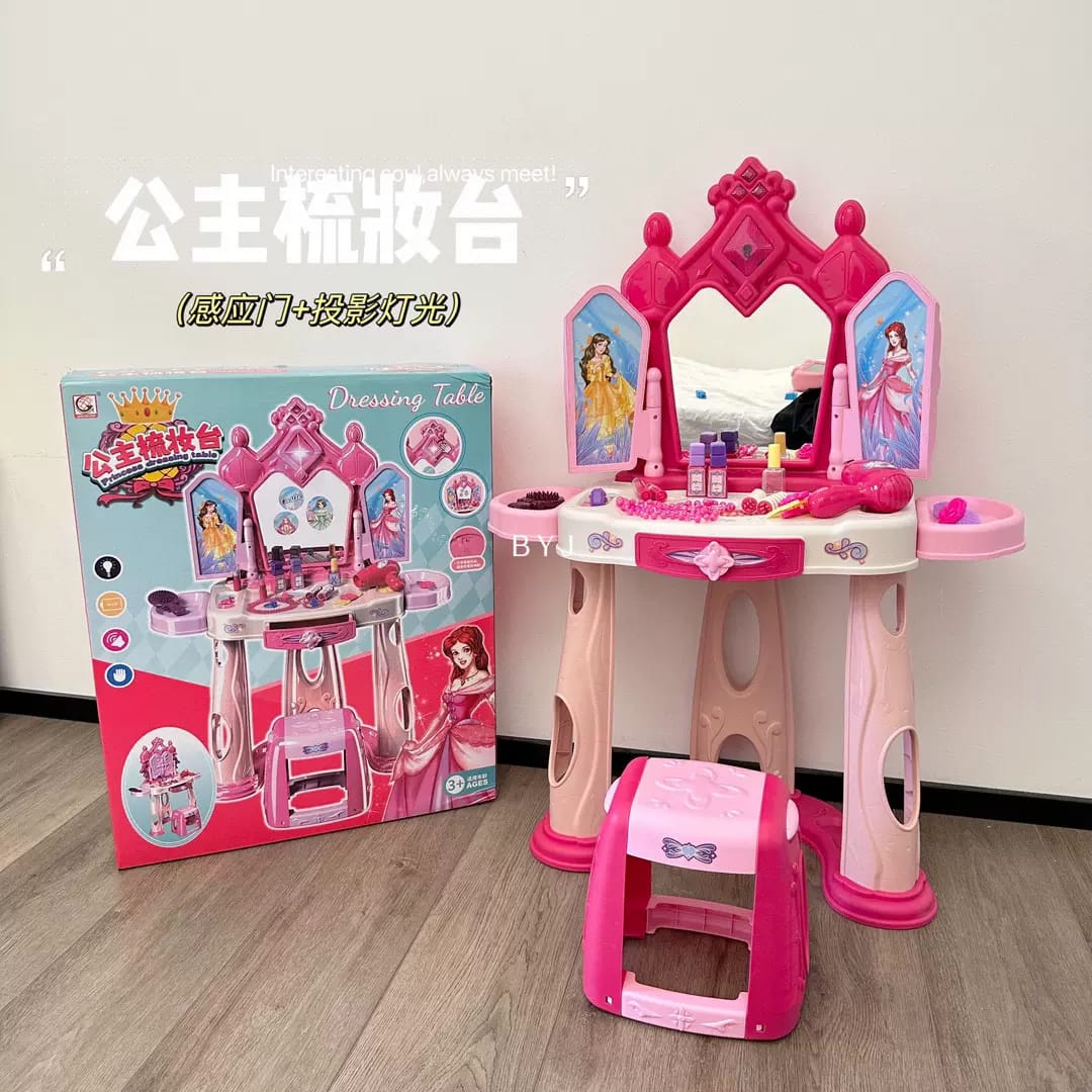 Ensemble de jeu de maquillage pour filles avec tabouret, avec lumières et musique, accessoires de maquillage et sèche-cheveux