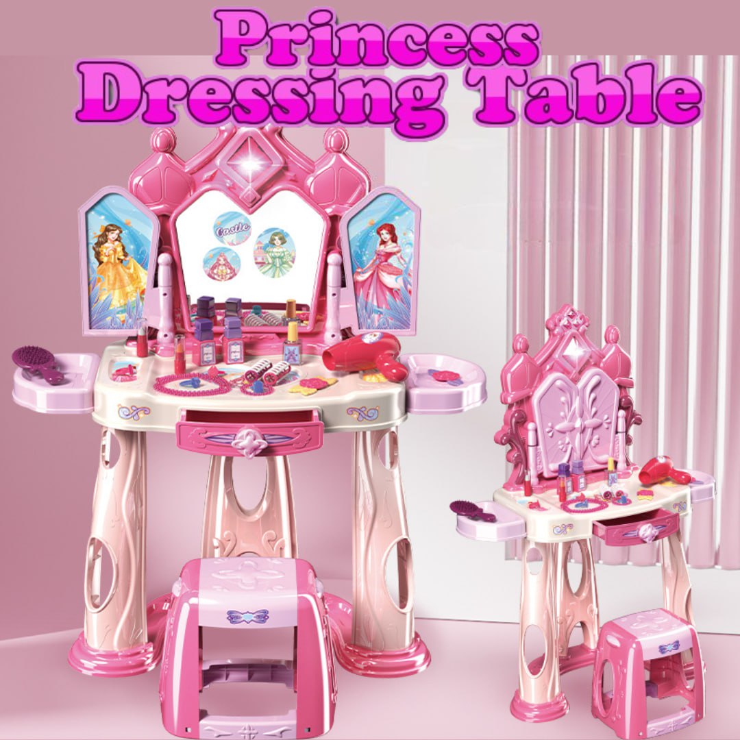 Ensemble de jeu de maquillage pour filles avec tabouret, avec lumières et musique, accessoires de maquillage et sèche-cheveux