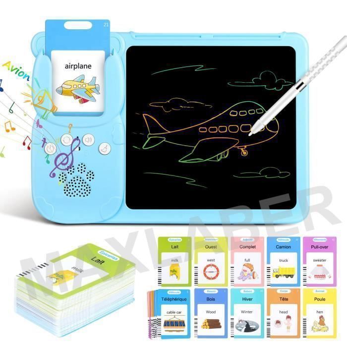Tablette parlante éducative 2 en 1 pour l'apprentissage de Mots, des chiffres avec 240 cartes flash et Ecran LCD d'écriture Français Anglais