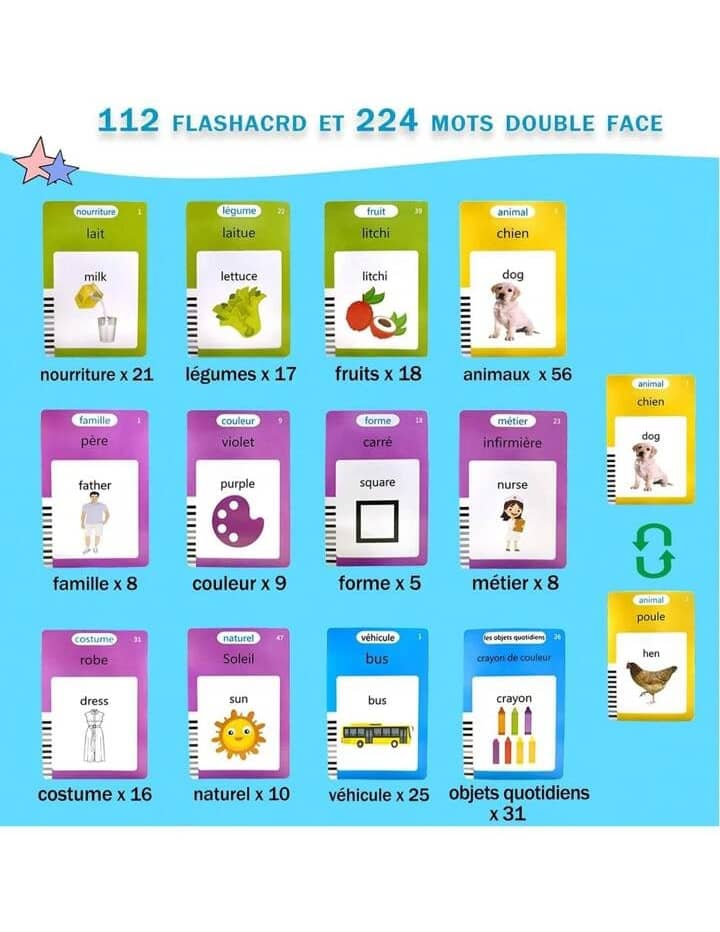 Cartes Flash Parlantes, Jouets éducatifs, 112 cartes de 224 Mot.