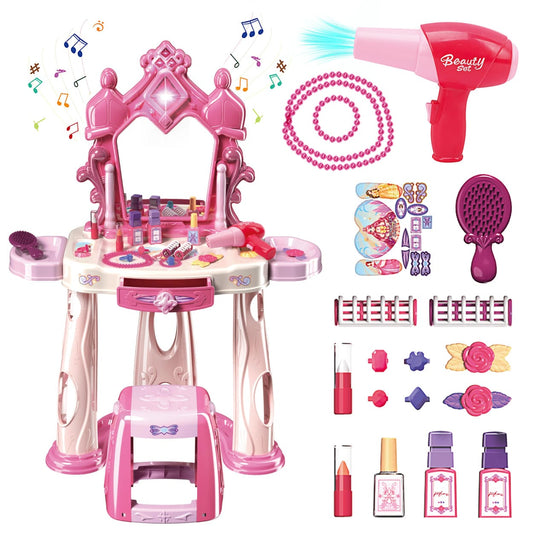 Ensemble de jeu de maquillage pour filles avec tabouret, avec lumières et musique, accessoires de maquillage et sèche-cheveux
